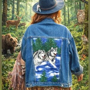 Rare WOLF wildlife jean boho jacket w southwestern country vibe